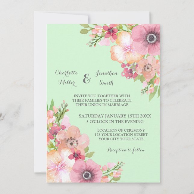 Mint Green Rustic Pink Flowers Wedding Invitations (Back)