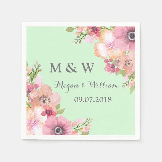 Mint Green Rustic Pink Flowers Wedding Monogram Napkin (Front)