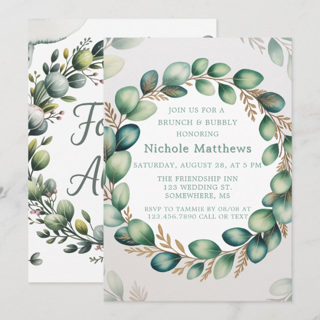 Mint Green & Sage Eucalyptus Brunch & Bubbly Invitation (Front/Back)