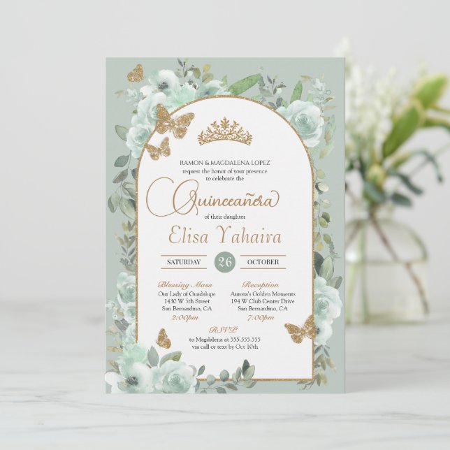 Mint Green Sage Floral Gold Butterfly Quinceañera Invitation (Standing Front)