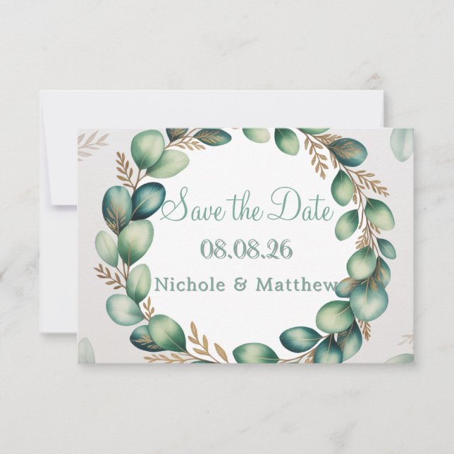 Mint Green & Sage Green Eucalyptus Wedding Save The Date (Front)