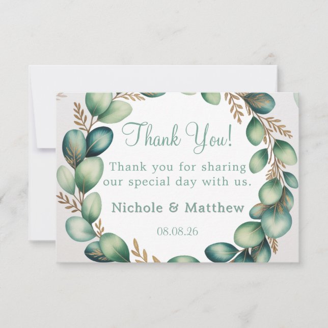 Mint Green & Sage Green Eucalyptus Wedding Thank You Card (Front)