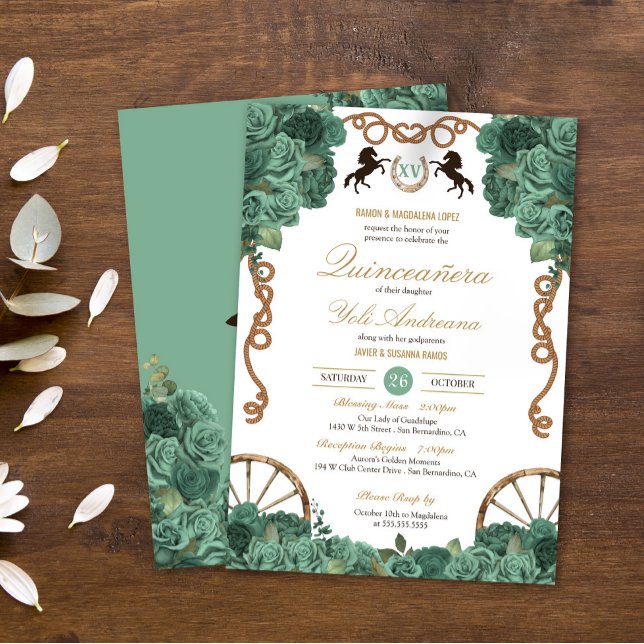 Mint Green Sage Rose Charro Western Quinceanera Invitation (Creator Uploaded)