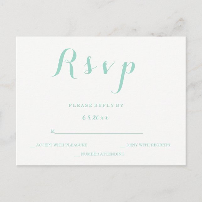 Mint green script wedding rsvp postcards (Front)