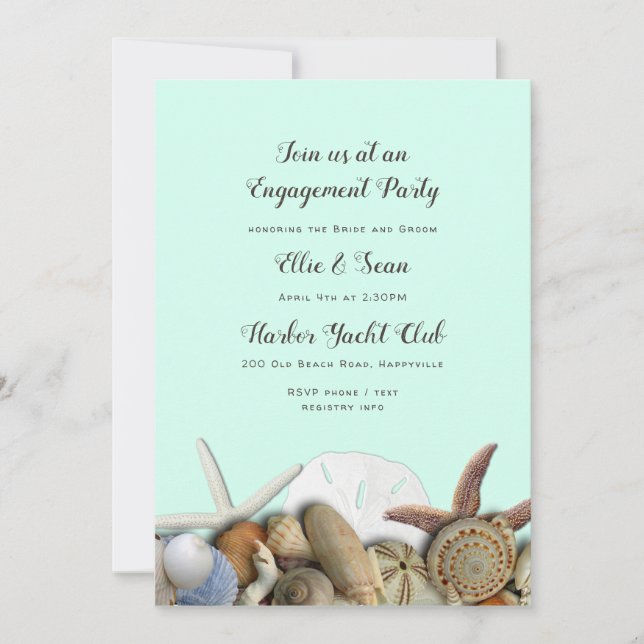 Mint Green Seashells Border Engagement Invitation (Front)