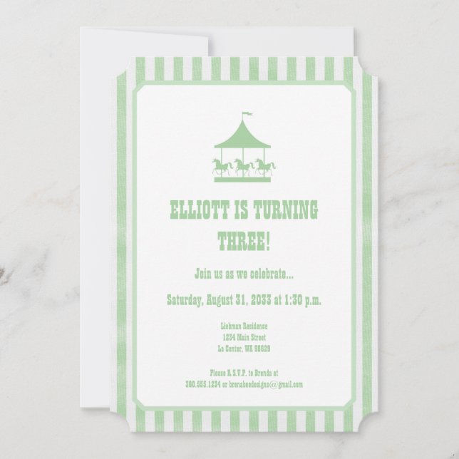 Mint Green Seersucker Carousel Invitation (Front)