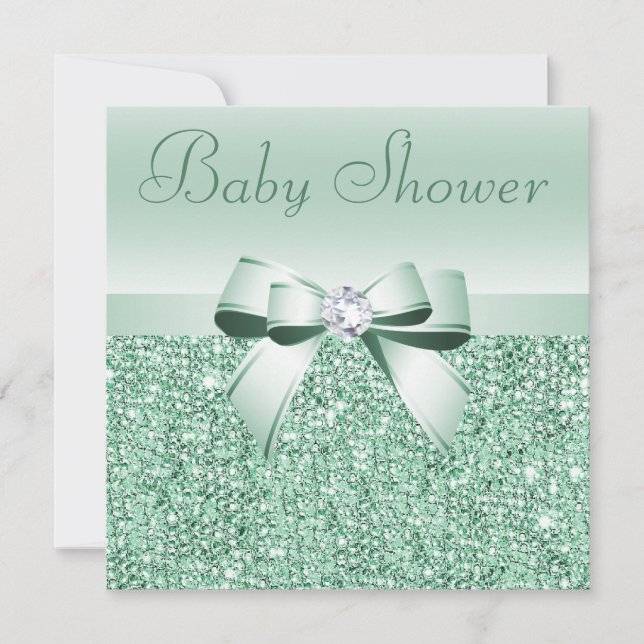 Mint Green Sequins, Bow & Diamond Baby Shower Invitation (Front)