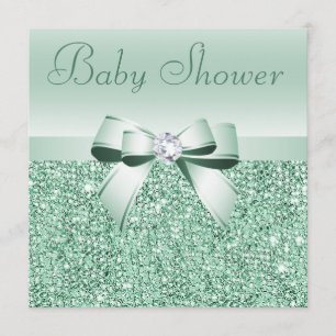 Mint Green Sequins, Bow & Diamond Baby Shower Invitation