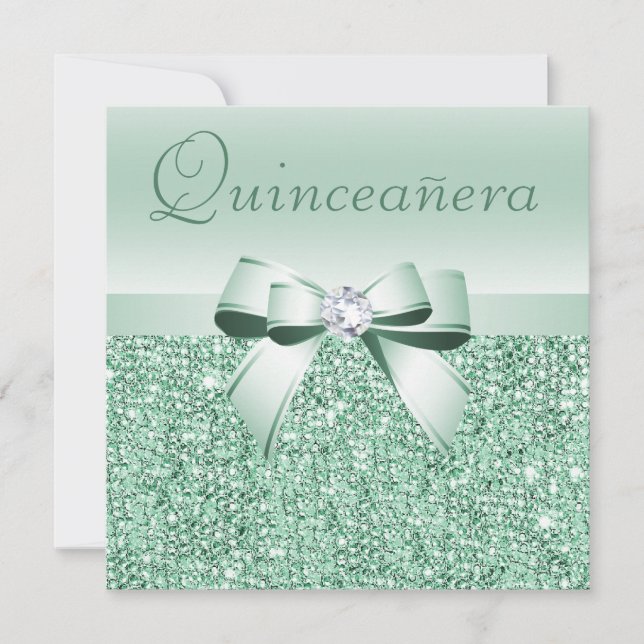 Mint Green Sequins, Bow & Diamond Quinceanera Invitation (Front)