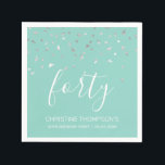 Mint Green Silver Confetti 40th Birthday Party Napkin<br><div class="desc">Celebrate their 40th birthday in style with this simple but elegant design, featuring faux silver triangular confetti sifting down on the word "forty" in white handwriting font on a mint green background. Personalise it with the name of the honoree in white sans serif font, along with the occasion and date...</div>
