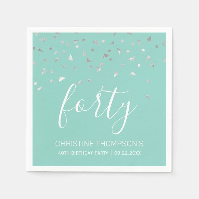 Mint Green Silver Confetti 40th Birthday Party Napkin (Front)