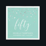 Mint Green Silver Confetti 50th Birthday Party Napkin<br><div class="desc">Celebrate their 50th birthday in style with this simple but elegant design, featuring faux silver triangular confetti sifting down on the word "fifty" in white handwriting font on a mint green background. Personalise it with the name of the honoree in white sans serif font, along with the occasion and date...</div>