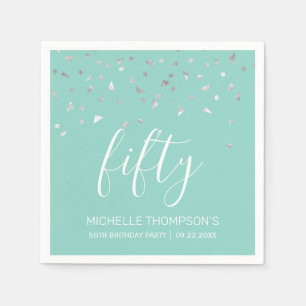 Mint Green Silver Confetti 50th Birthday Party Napkin