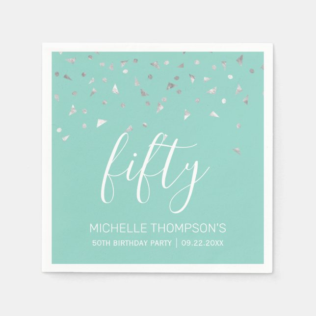 Mint Green Silver Confetti 50th Birthday Party Napkin (Front)