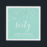 Mint Green Silver Confetti 60th Birthday Party Napkin<br><div class="desc">Celebrate their 60th birthday in style with this simple but elegant design, featuring faux silver triangular confetti sifting down on the word "sixty" in white handwriting font on a mint green background. Personalise it with the name of the honoree in white sans serif font, along with the occasion and date...</div>