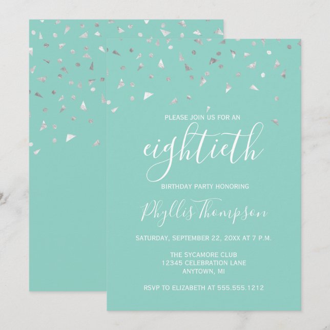 Mint Green Silver Confetti 80th Birthday Party Invitation (Front/Back)