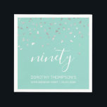 Mint Green Silver Confetti 90th Birthday Party Napkin<br><div class="desc">Help them celebrate their 90th birthday in style with this simple but elegant design, featuring faux silver triangular confetti sifting down on the word "ninety" in white handwriting font on a mint green background. Personalise it with the name of the honoree in white sans serif font, along with the occasion...</div>