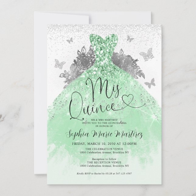 Mint Green Silver Dress Mis Quince Quinceañera Invitation (Front)