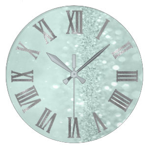 Mint Green Silver Glitter Gray Roman Numbers Large Clock