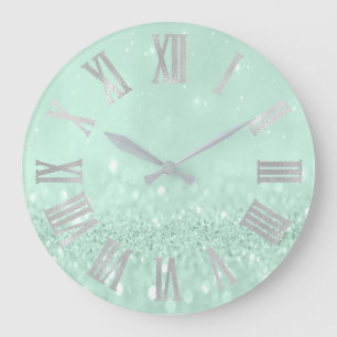Mint Green Silver Paste Glitter Gray Roman Numbers Large Clock