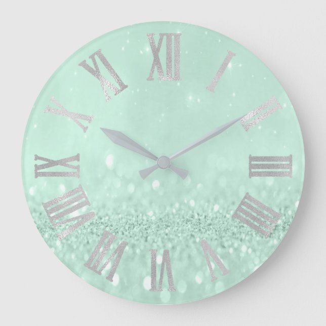 Mint Green Silver Paste Glitter Gray Roman Numbers Large Clock (Front)