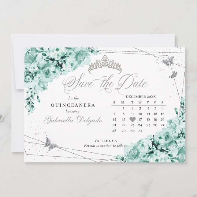 Mint Green & Silver Quinceañera Save The Date Invitation (Front)