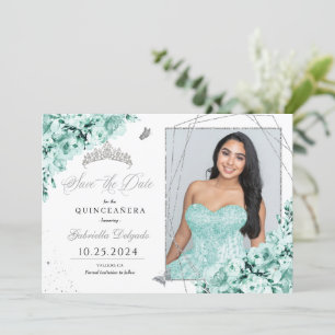 Mint Green Silver Quinceañera Save The Date Photo Invitation
