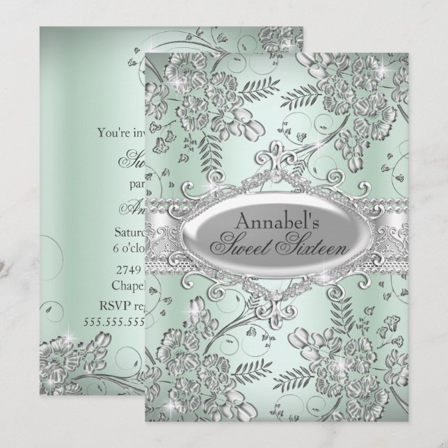 Mint Green Silver Sparkle Flower Sweet 16 Invitation (Front/Back)