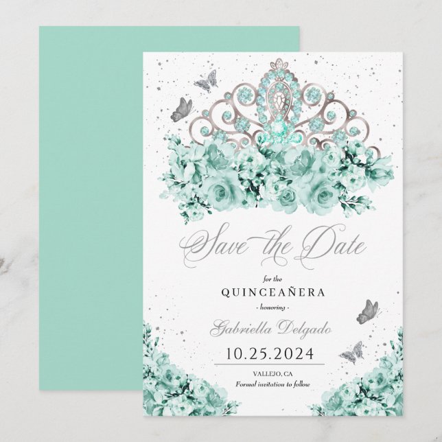 Mint Green Silver Tiara Save The Date Quinceañera Invitation (Front/Back)
