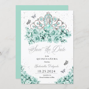 Mint Green Silver Tiara Save The Date Quinceañera Invitation