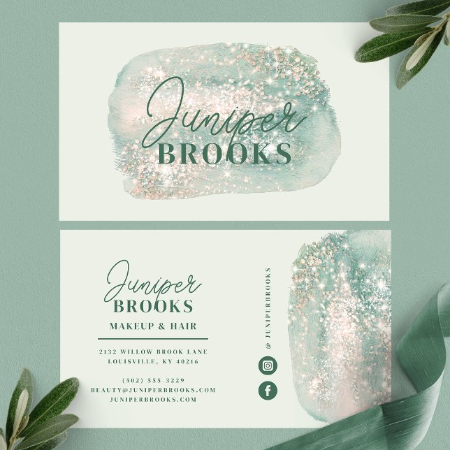 Mint Green Social Media Simple Glitter Watercolor Business Card (Creator Uploaded)