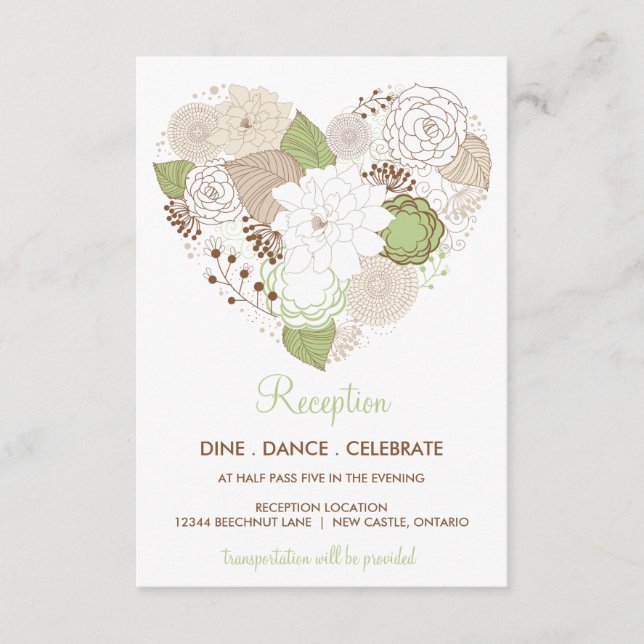 Mint Green Spring Heart Flowers Reception Card (Front)