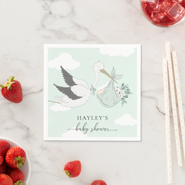 Mint Green Stork Baby Shower Napkin (Insitu)