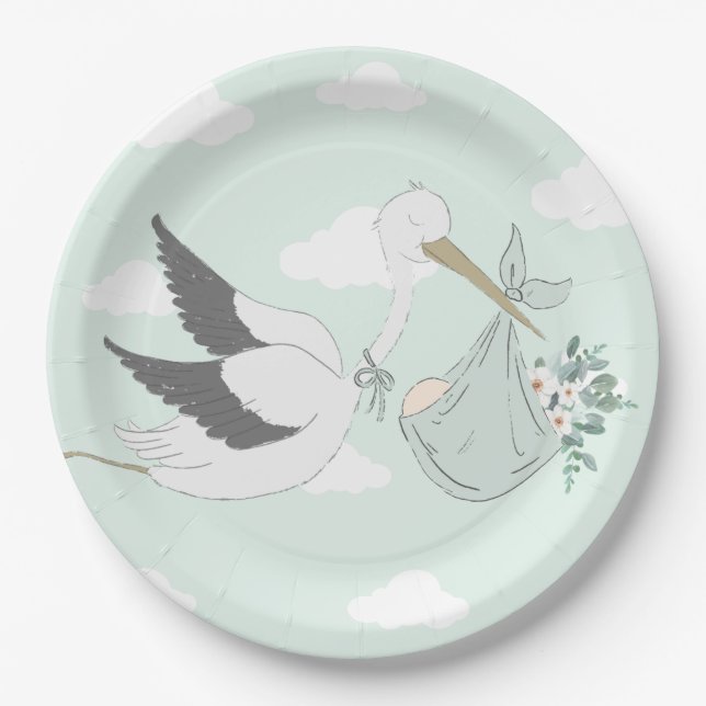 Mint Green Stork Baby Shower Paper Plate (Front)