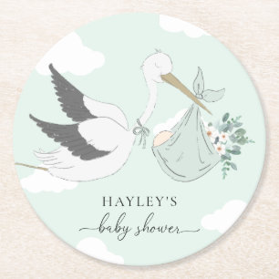 Mint Green Stork Baby Shower Round Paper Coaster