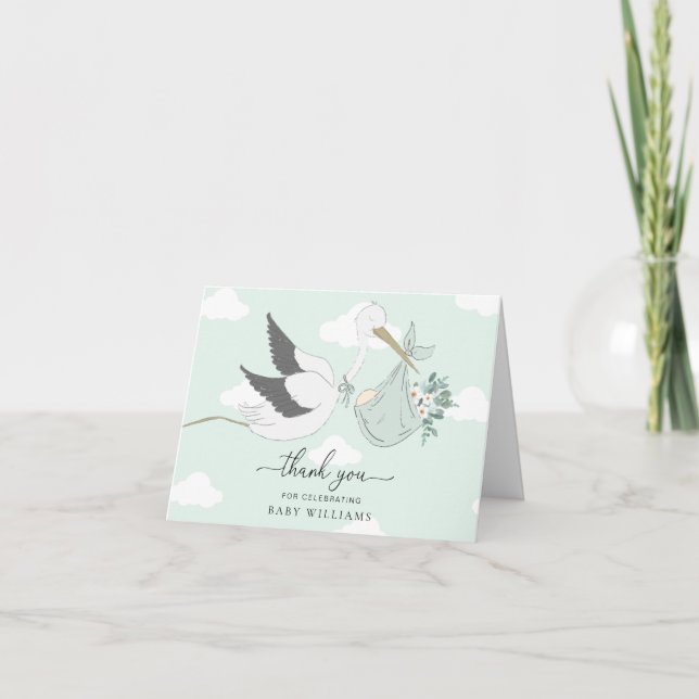 Mint Green Stork Baby Shower Thank You Card (Front)