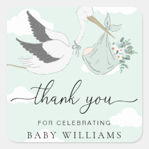 Mint Green Stork Baby Shower Thank You Square Sticker