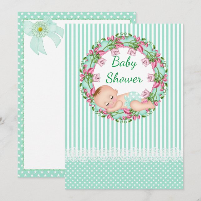 Mint Green Stripe Baby Shower Invitation (Front/Back)