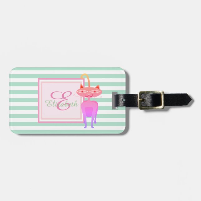 Mint Green  Striped Monogram, Cat- Personalised Luggage Tag (Front Horizontal)