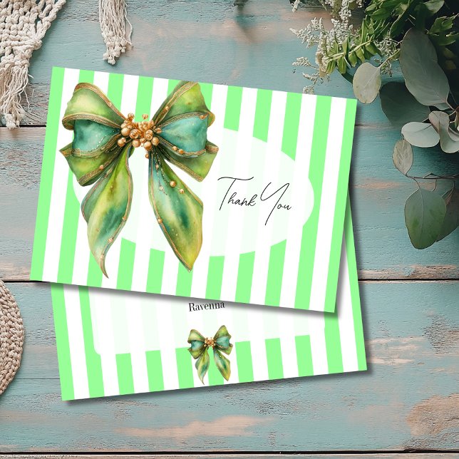 Mint Green Striped Vintage Bow Thank You Card (Creator Uploaded)