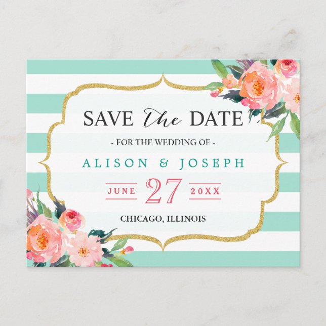 Mint Green Stripes Botanical Floral Save the Date Announcement Postcard (Front)