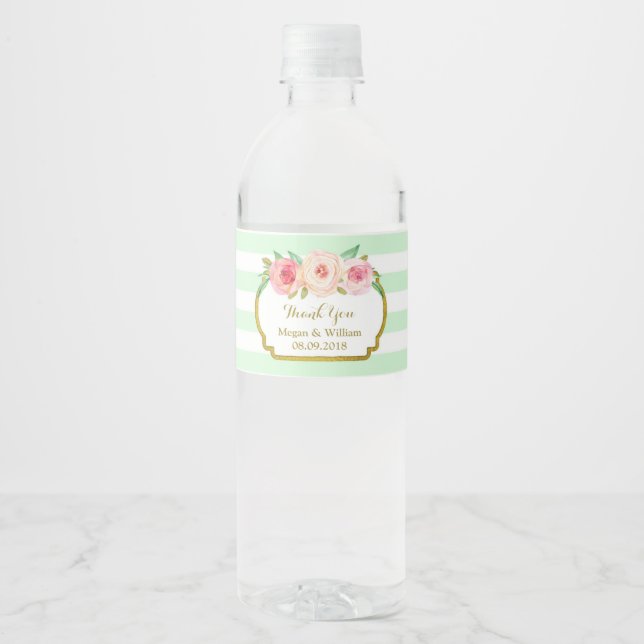 Mint Green Stripes Floral Gold Water Bottle Label (Front)
