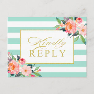 Mint Green Stripes Floral Gold Wedding RSVP Invitation Postcard