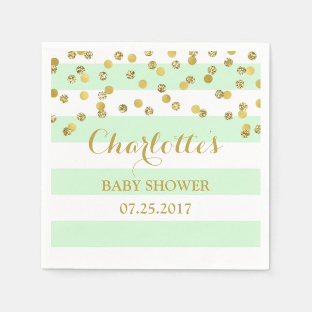 Mint Green Stripes Gold Confetti Baby Shower Napkin (Front)