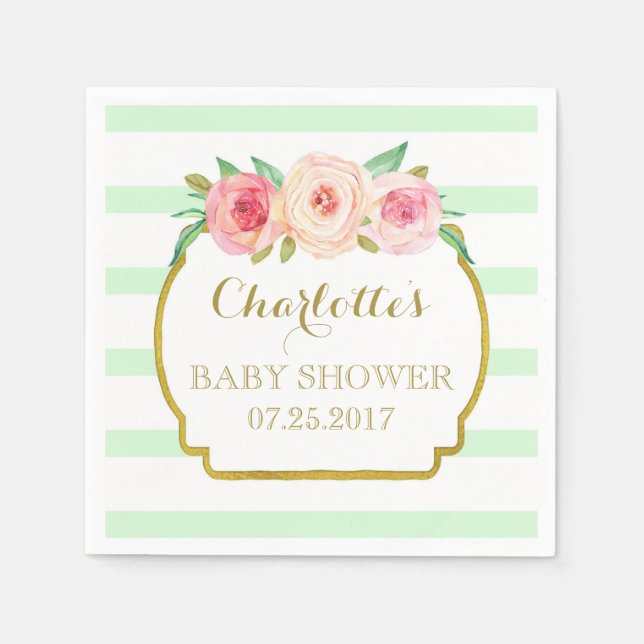 Mint Green Stripes Gold Pink Floral Baby Shower Napkin (Front)