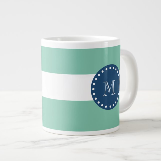 Mint Green Stripes Pattern, Navy Blue Monogram Large Coffee Mug (Front Right)