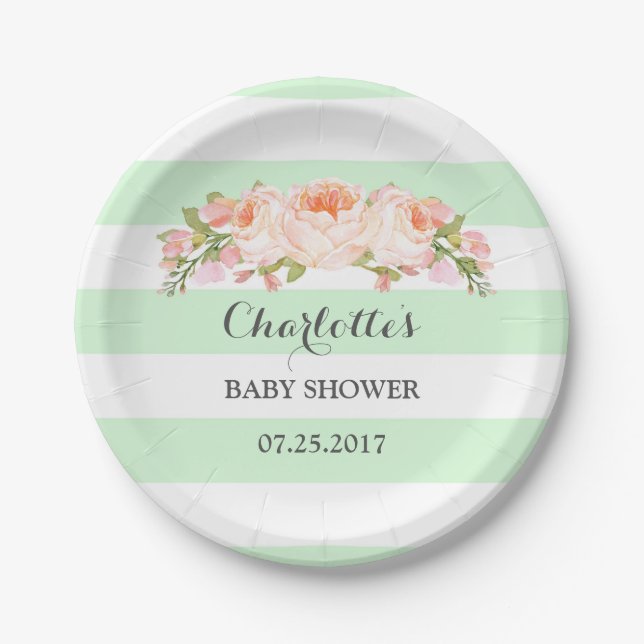 Mint Green Stripes Pink Floral Baby Shower Plate (Front)