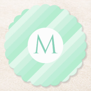 Mint Green Stripes Trendy Modern Monogram Template Paper Coaster