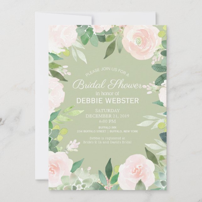 Mint Green Succulent Flower Wedding Bridal Shower Invitation (Front)