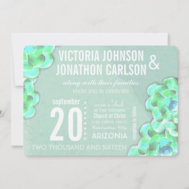 Mint Green Succulent Modern Wedding Invitation (Front)